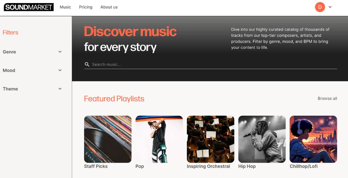 A screenshot of SoundMarket's homepage of their website.