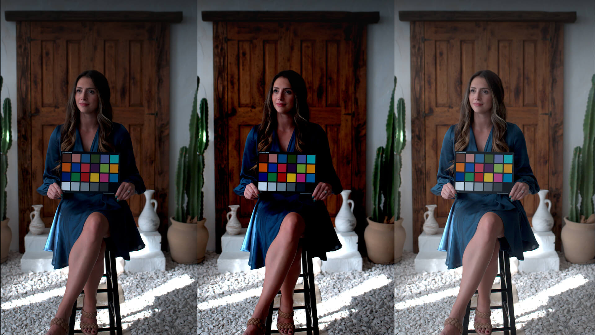 Side by side comparison of three video colour spaces, within the video a woman is sat holding a colour chart
