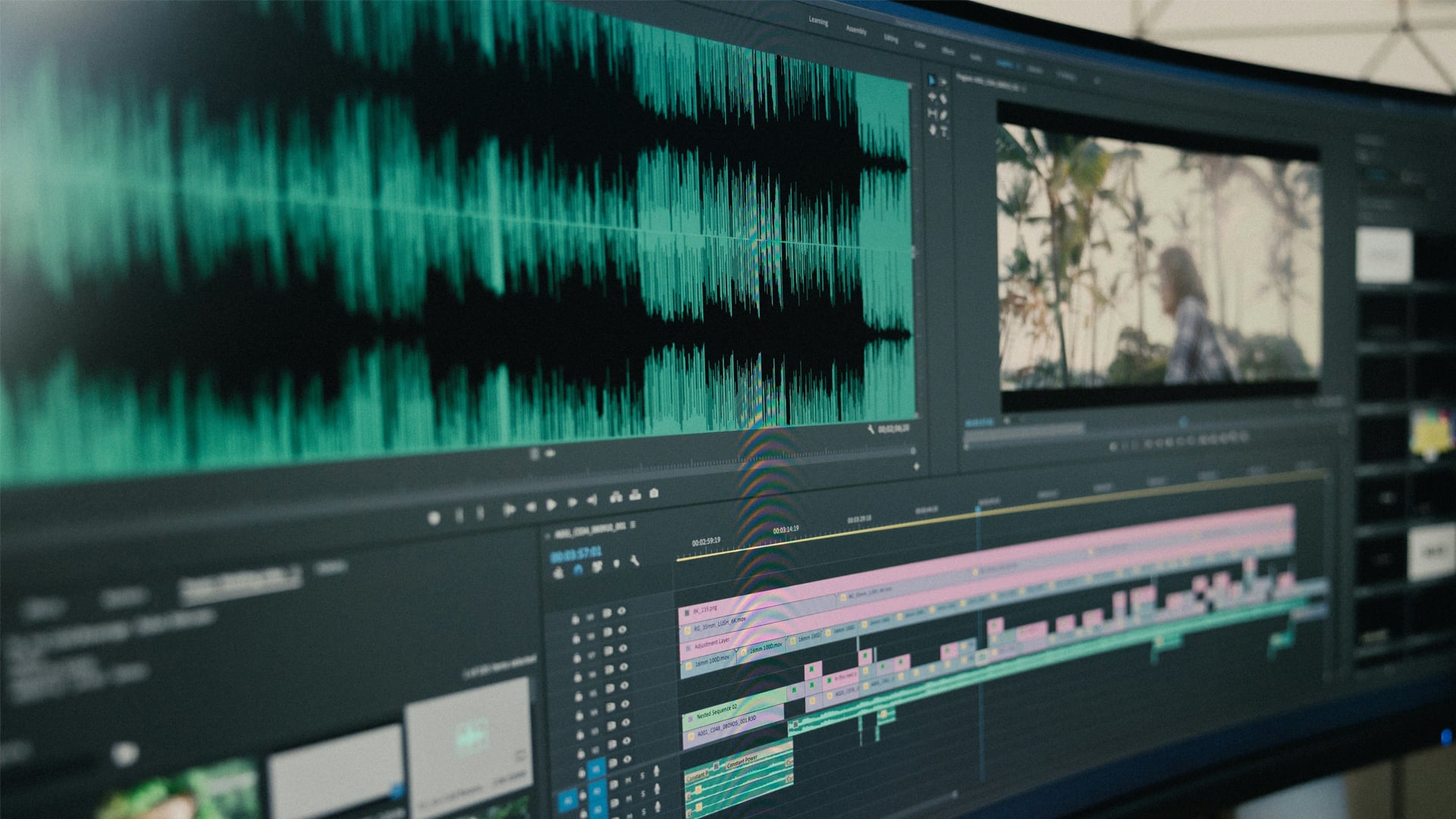 A close-up view of a wide computer monitor displaying video editing software, featuring large teal audio waveforms, an editing timeline with multiple color-coded clips, and a video preview window on the right showing a person standing in front of trees.