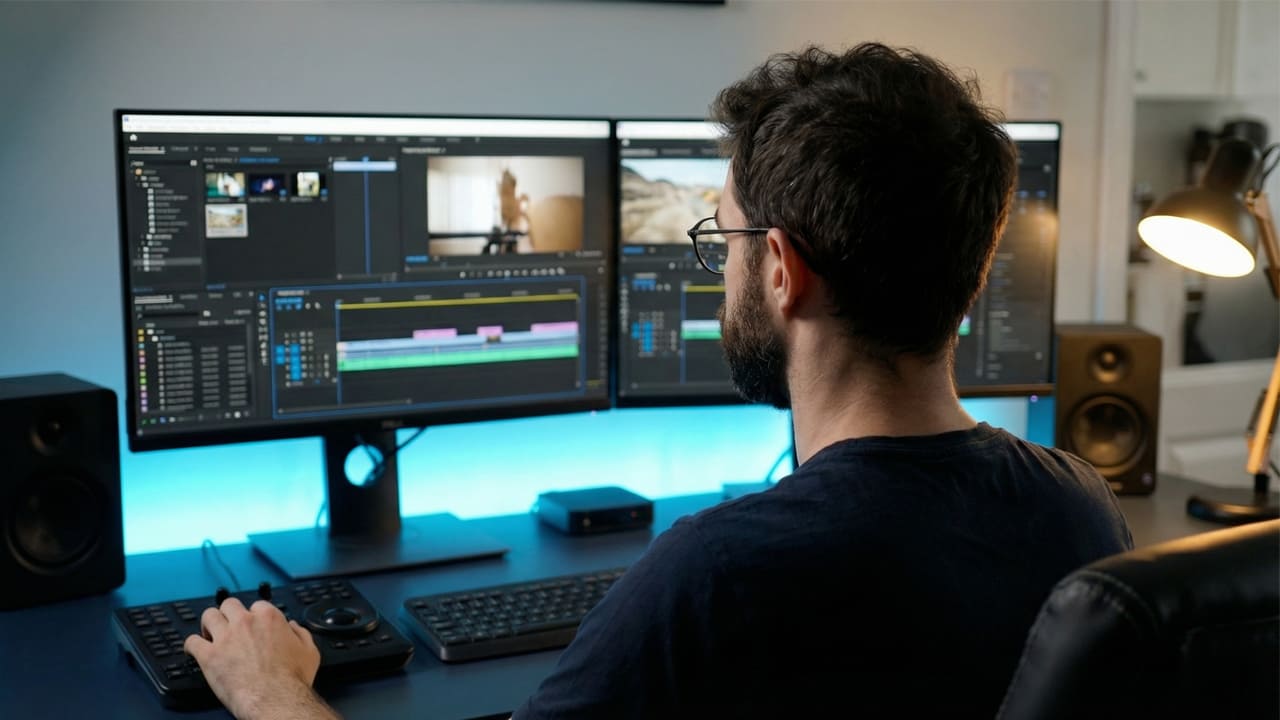 Matt sat at a video editing desk